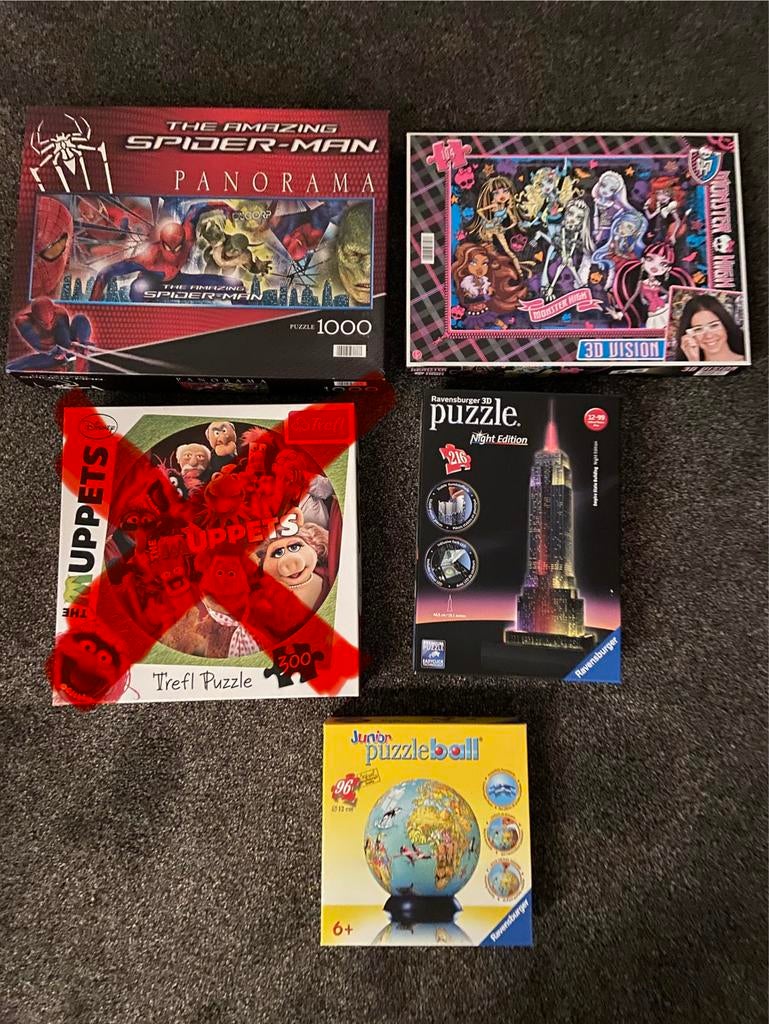 Diverse puzzels: Spider-Man, Monster High, 3D, Muppets, Ophalen of Verzenden, Meer dan 50 stukjes, Gebruikt, 6 jaar of ouder