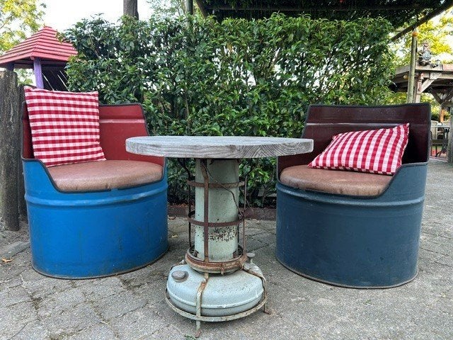 Industriële fauteuils van originele sapvaten, Huis en Inrichting, Fauteuils, Ophalen, Gebruikt, Minder dan 75 cm, Vintage