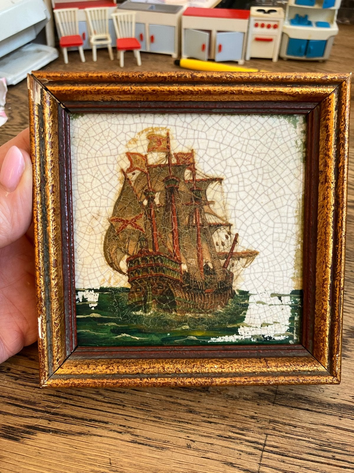 Vintage Tegeltableau Zeilschip in Houten Lijst, Ophalen of Verzenden