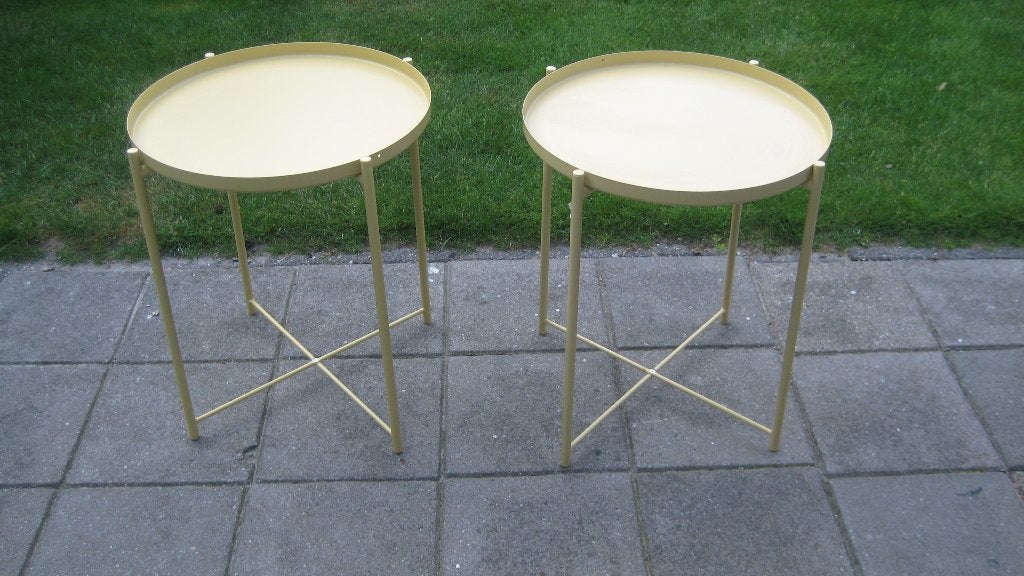 2 metalen bijzet tafeltjes, Huis en Inrichting, Tafels | Bijzettafels, Minder dan 55 cm, Metaal of Aluminium, Rond, Zo goed als nieuw