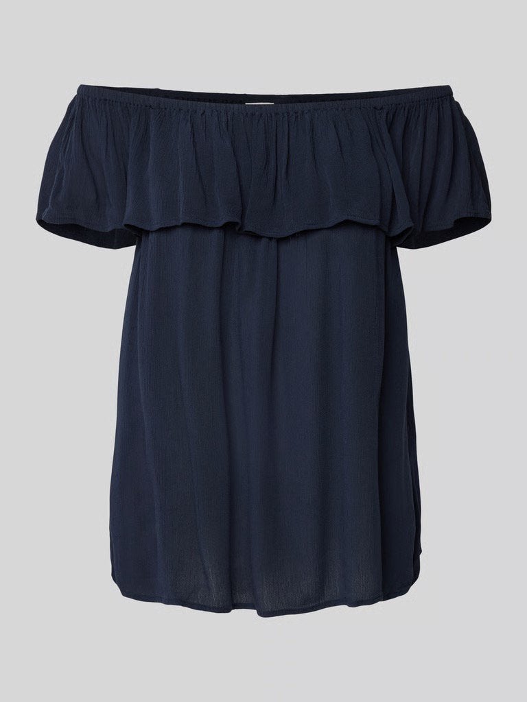 ICHI Off-schouder blouse met volant, marine blauw maat XS, Blauw, Ophalen of Verzenden, Zo goed als nieuw, Korte mouw