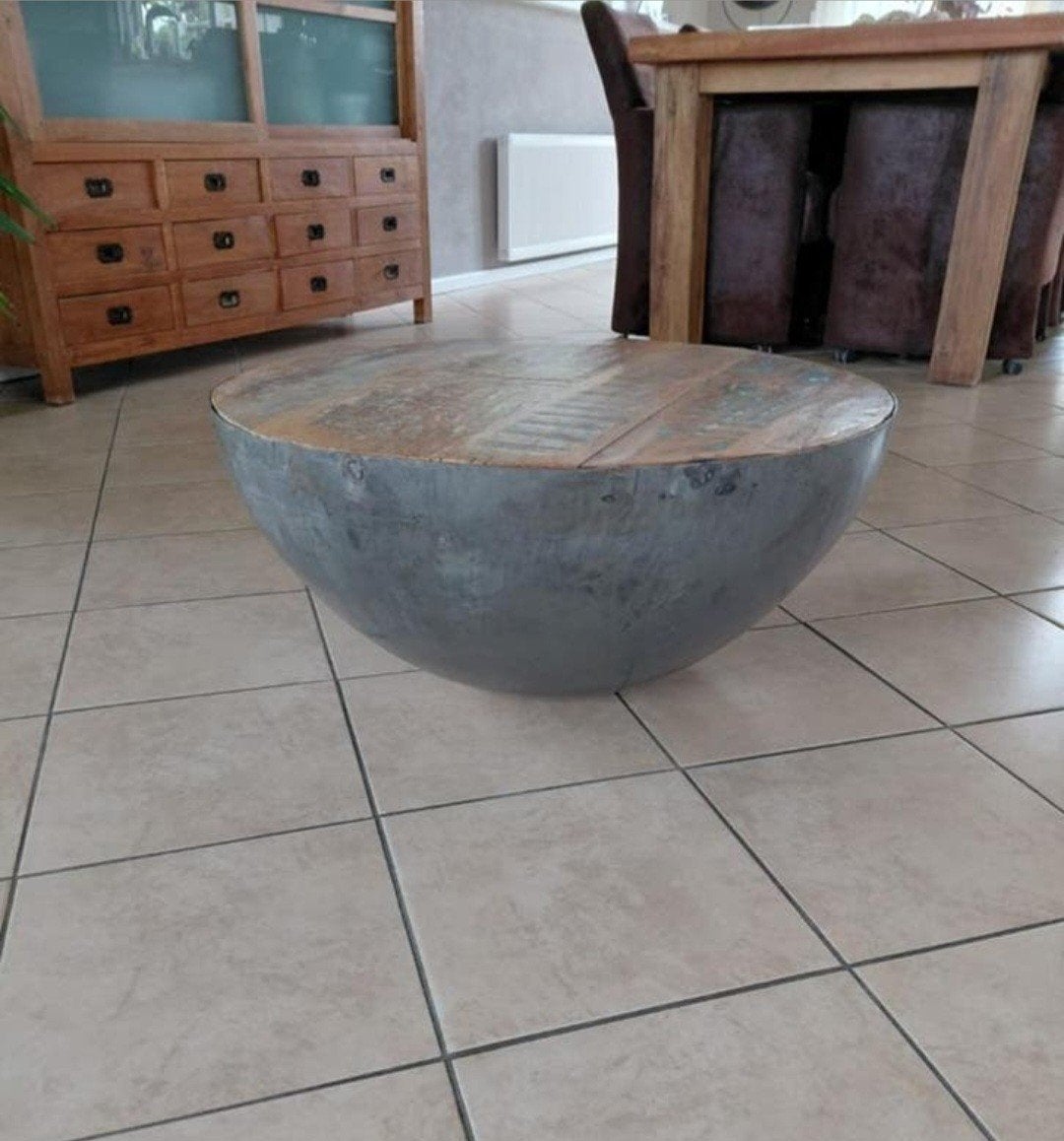 By-Boo Unieke salontafel van hout en metaal 70 cm x 32,5 cm, Huis en Inrichting, 50 tot 100 cm, Rond, Zo goed als nieuw, Metaal