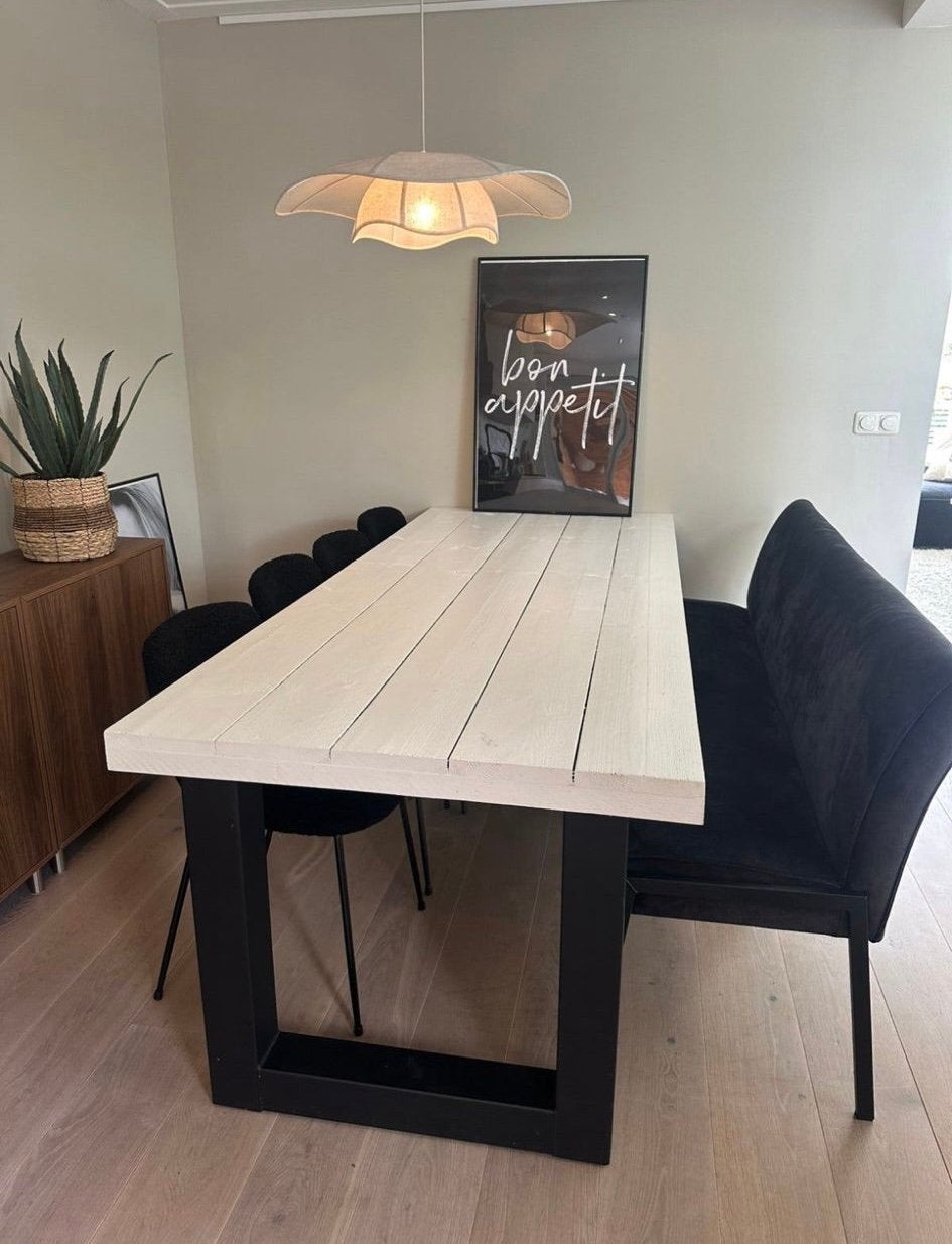 Complete eetkamer set: tafel, bankje (Eleonora) en 4 stoelen, Ophalen, Gebruikt, 4 tot 6 stoelen