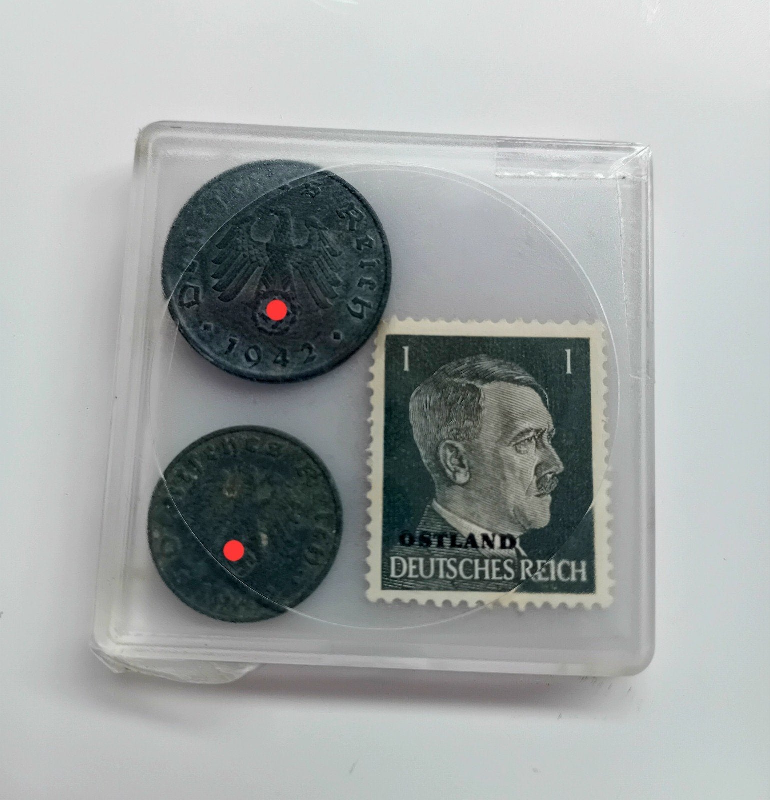 Tweede Wereldoorlog Reichspfennig Zink + Postzegel in Case, Ophalen of Verzenden, Overige soorten, Duitsland, Overige typen