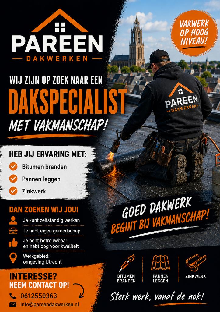 Dakspecialist gezocht regio Utrecht direct starten, 33 - 40 uur, Overige niveaus, Overige vormen