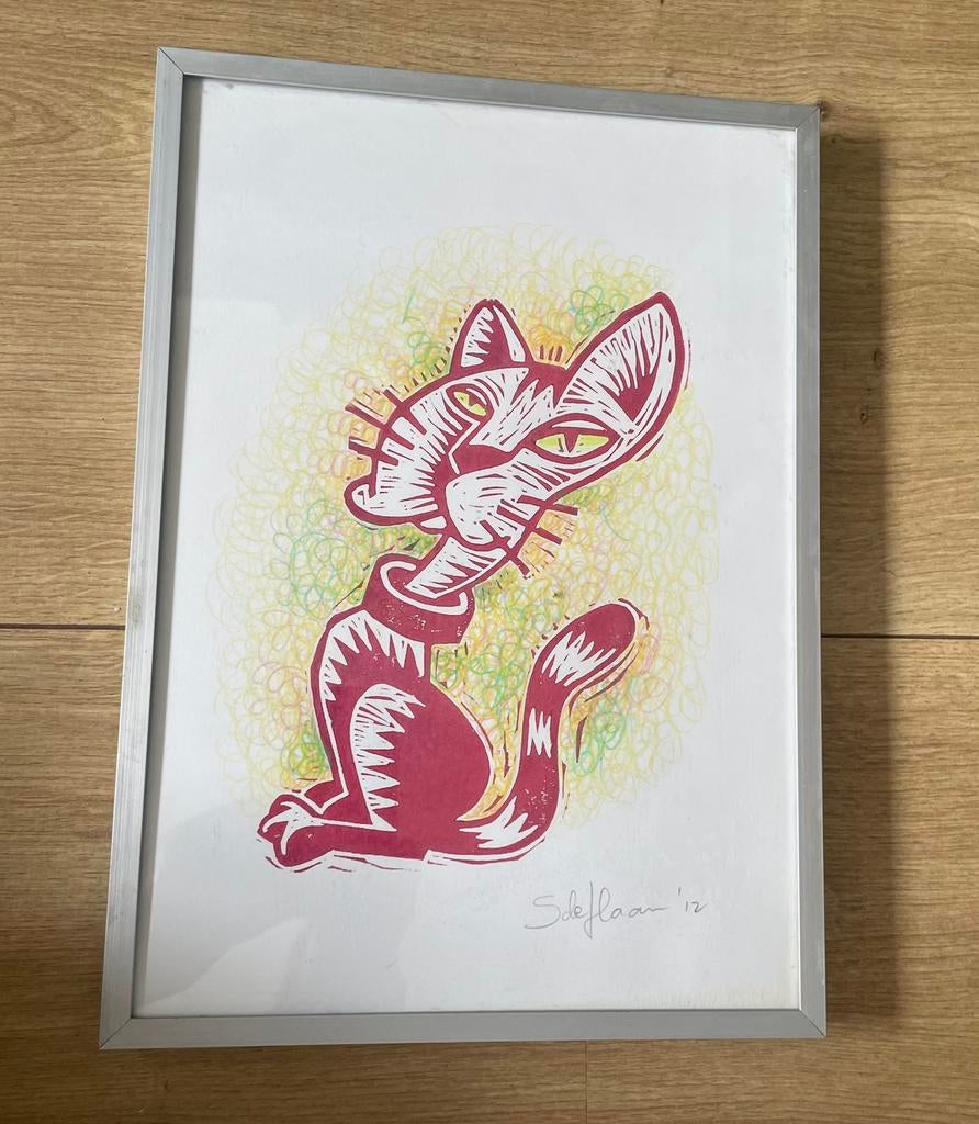 Linosnede kat poes lijst linoprint kunstwerk S de Haan 2012, Ophalen of Verzenden