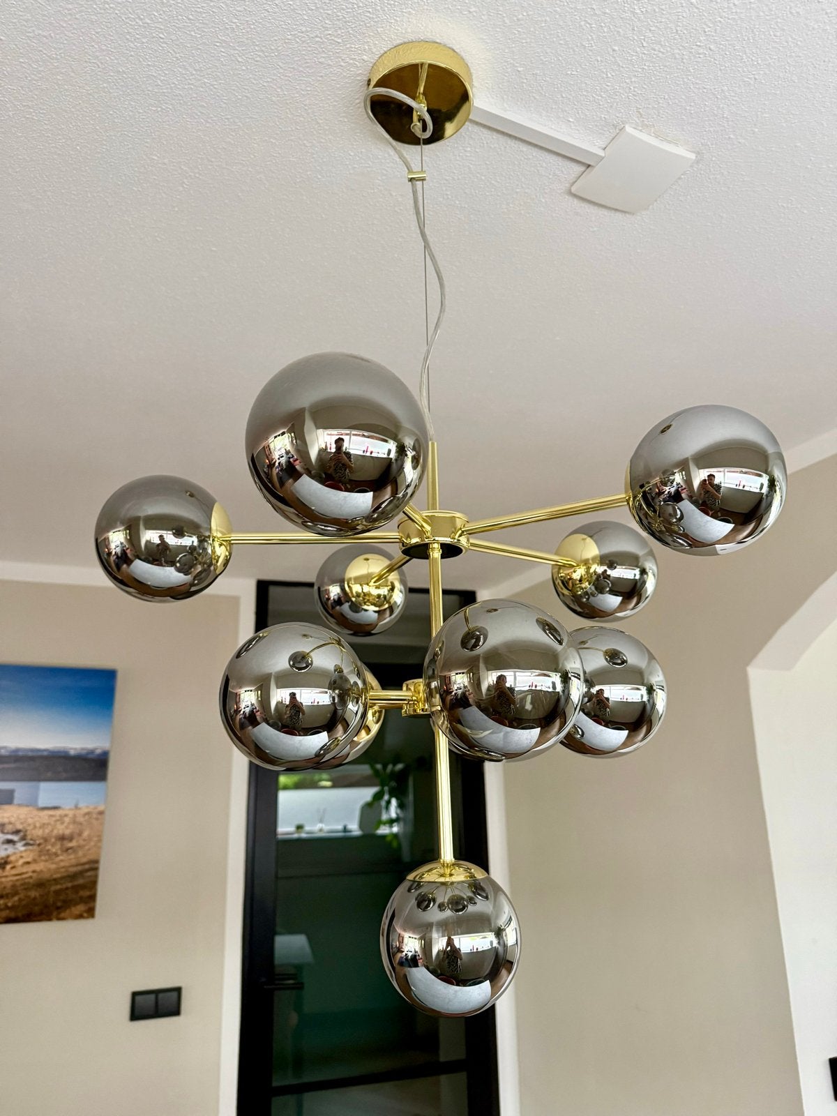 Made hanglamp goud met rookglas bollen, Ophalen, Gebruikt, Metaal, G9