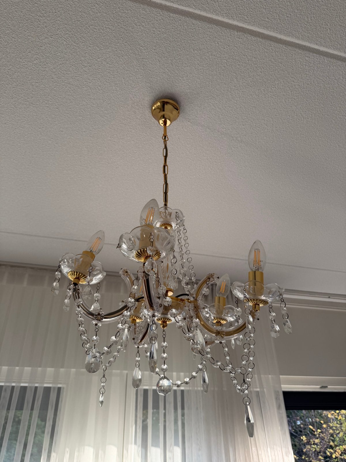 Gouden kralen lamp / kroonluchter, Ophalen, Zo goed als nieuw, Metaal, E14 (klein)