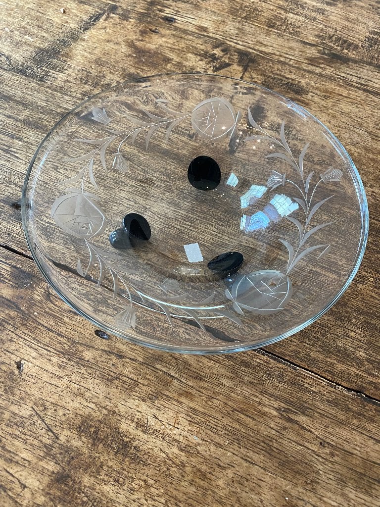 Brocante jaren 30 glazen schaal met zwarte voetjes/pootjes, Ophalen of Verzenden