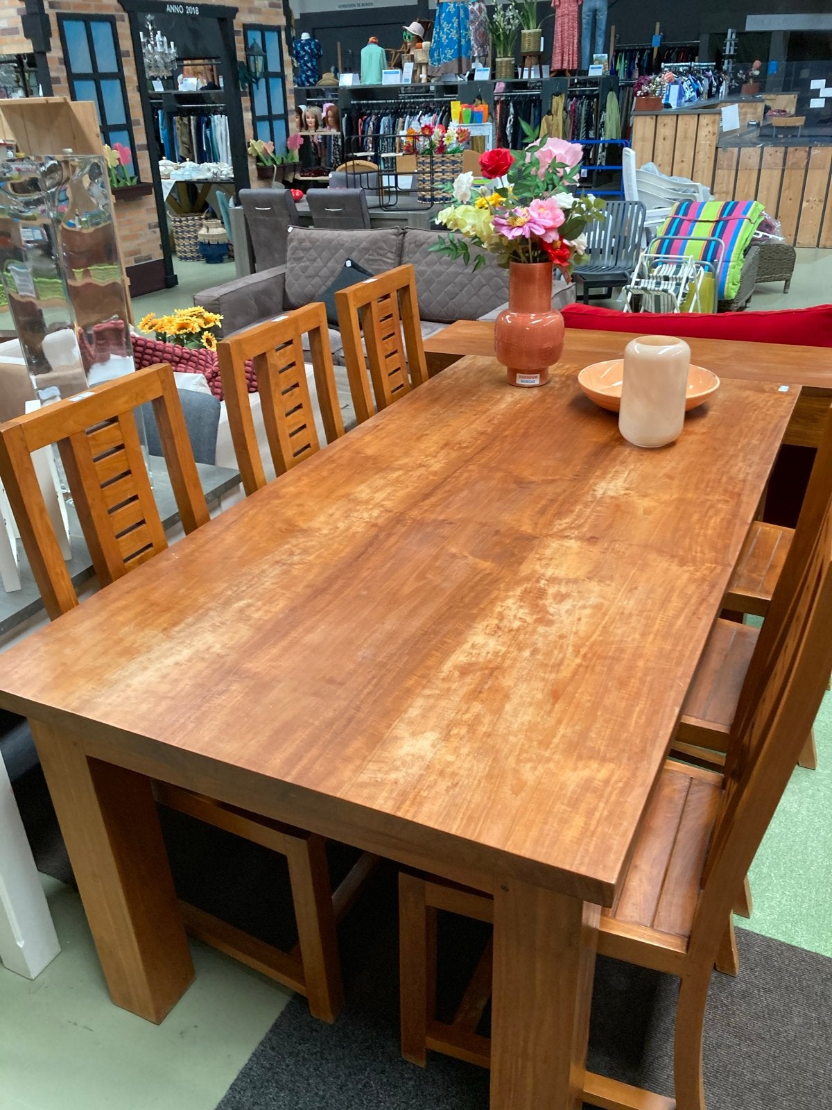 Teakhouten eettafel met 6 bijpassende stoelen, Gebruikt, W, Teakhout, Vijf personen of meer