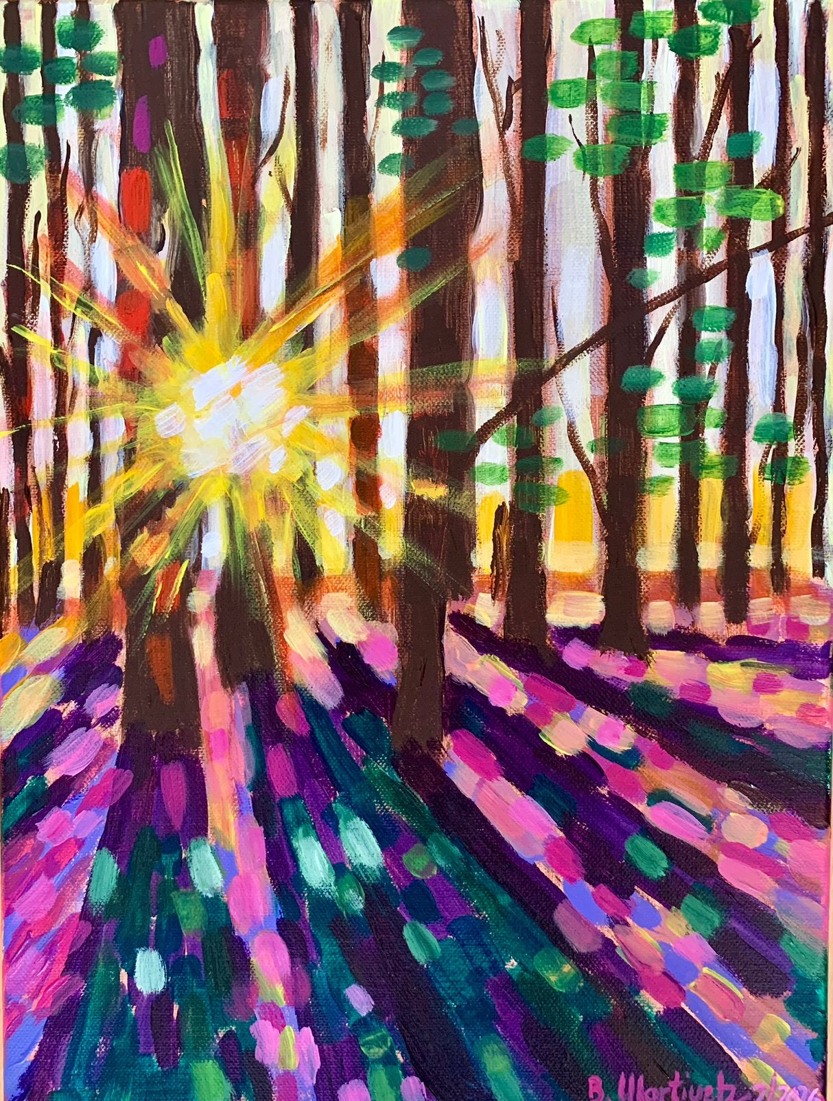 Schilderij ‘ kleurrijk bos’, uniek en nieuw, Ophalen of Verzenden, Handgeschilderd, Acrylverf, Landschap
