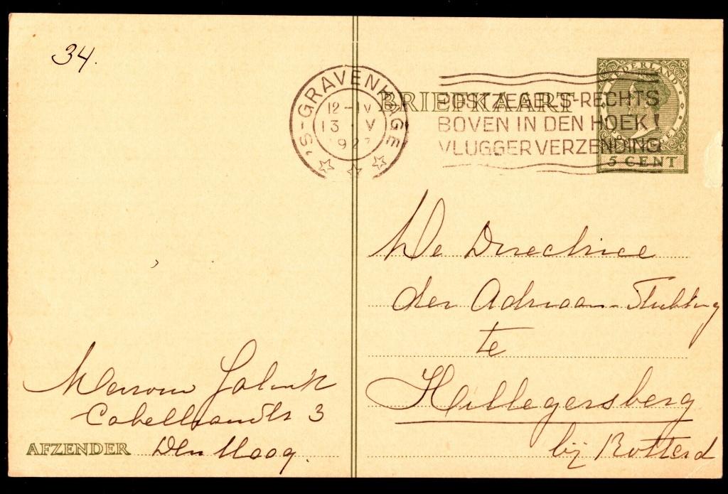 Briefkaart; 's-Gravenhage naar Hillegersberg op 13-5-1927, Ophalen of Verzenden, Briefkaart