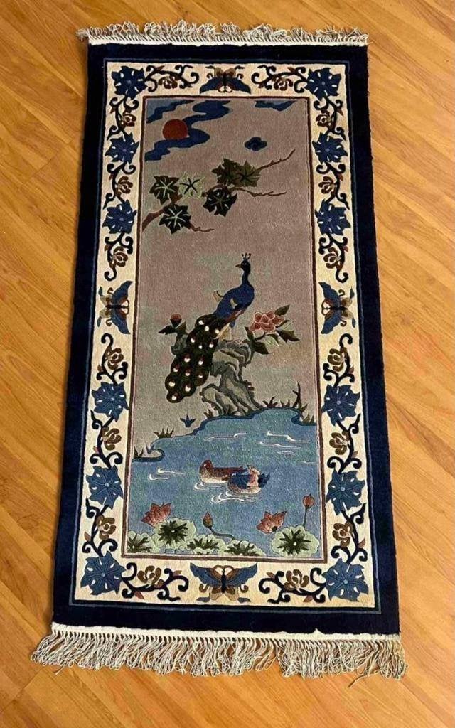 Pine & Crane zijden Chinees tapijt 122/62, 100 tot 150 cm, Blauw, Djt@dejuistetoon.eu, Zo goed als nieuw
