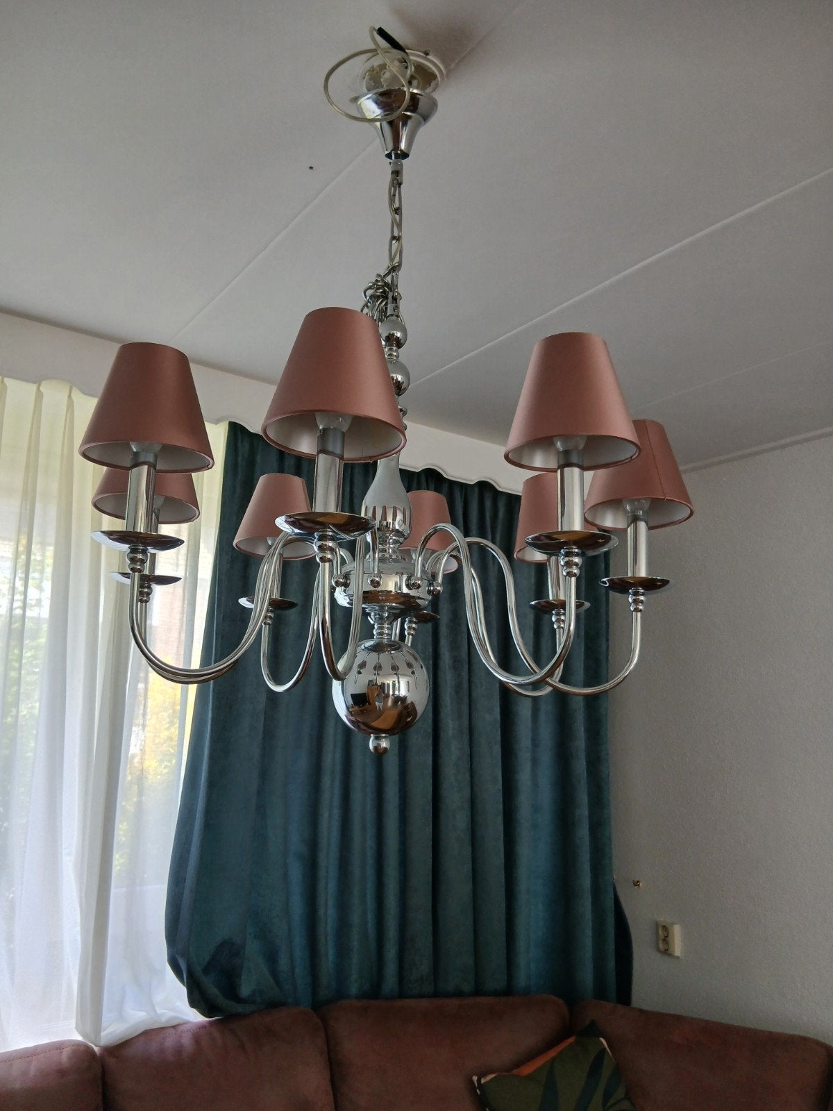 Elegante kroonluchter met 6 armen en stoffen kappen, Gebruikt, E14 (klein), Textiel, Ophalen