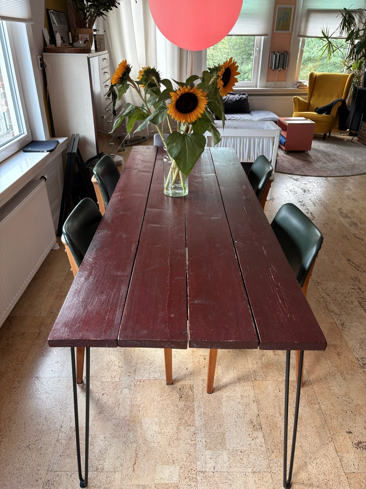 Gratis: Houten eettafel met hairpin poten (220x81x75), Gebruikt, 200 cm of meer, Vijf personen of meer, Rechthoekig
