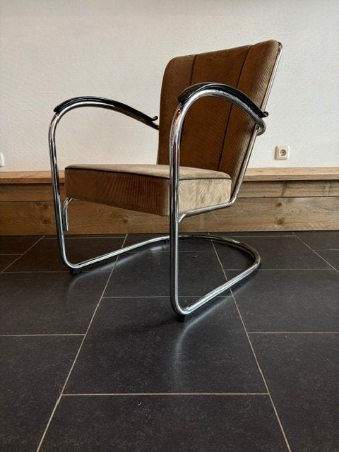 2 Gispen 412S fauteuils, chroom, nieuwe zandkleurige ribstof, Design, 75 tot 100 cm, Zo goed als nieuw, Stof