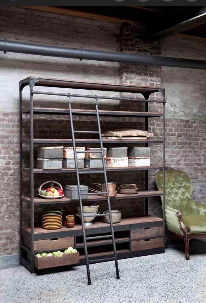 Industriële boekenkast met ladder en lades, Ophalen, Gebruikt, 200 cm of meer, 150 tot 200 cm