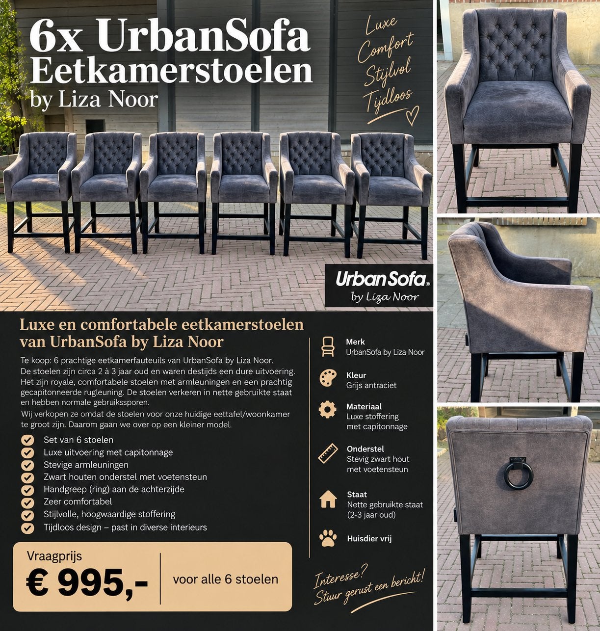 6x luxe UrbanSofa by Liza Noor eetkamerstoelen / fauteuils, Ophalen, Gebruikt, Zwart, Stof