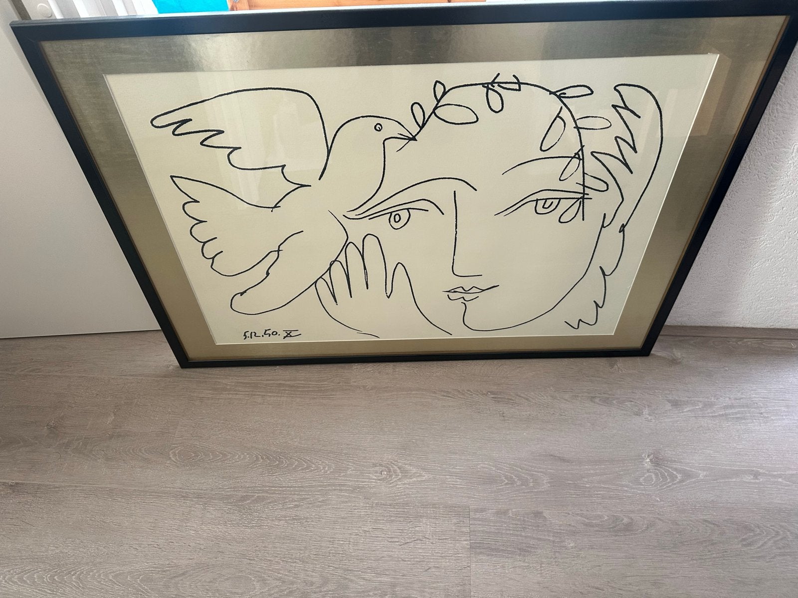 Bijzondere ingelijste lijntekening: gezicht met duif, Ophalen of Verzenden, Tekening, Pentekening, Gesigneerd