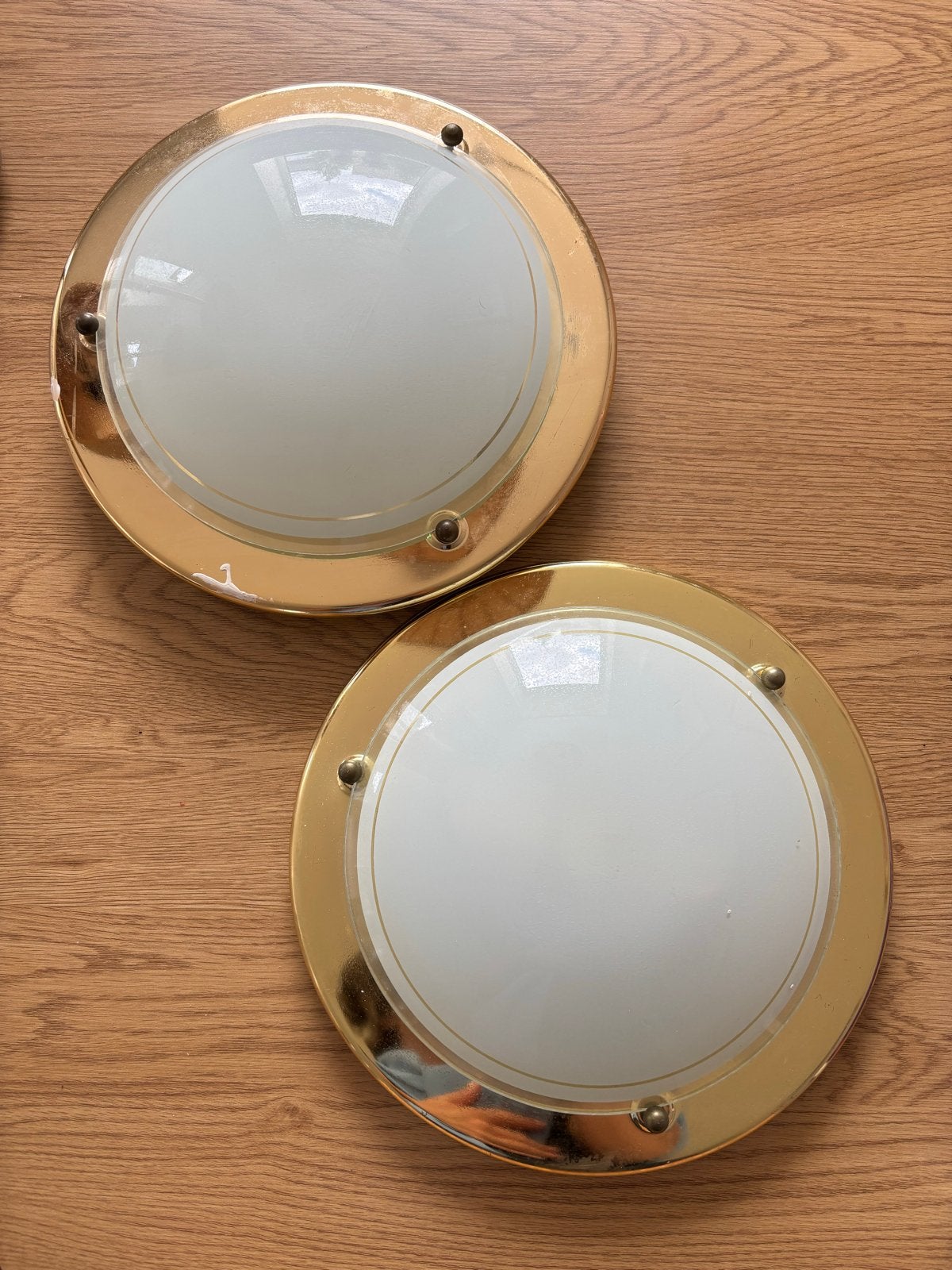 Set van 2 gouden plafondlampen met melkglas, Ophalen of Verzenden, Gebruikt, Metaal, Goud