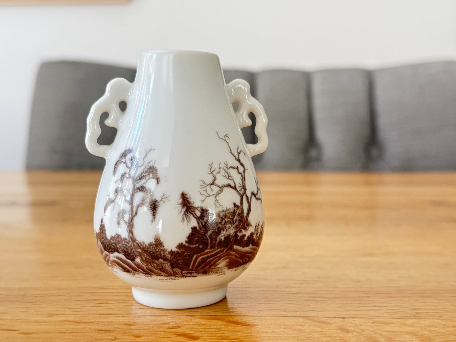 Vintage Japanse vaas met landschap, bruin en wit, Verzamelen, Ophalen of Verzenden