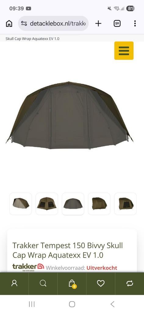 GEZOCHT! Trakker Tempest 150 bivvy Aquatexx, Skull cap wrap., Ophalen of Verzenden, Zo goed als nieuw, Overige typen