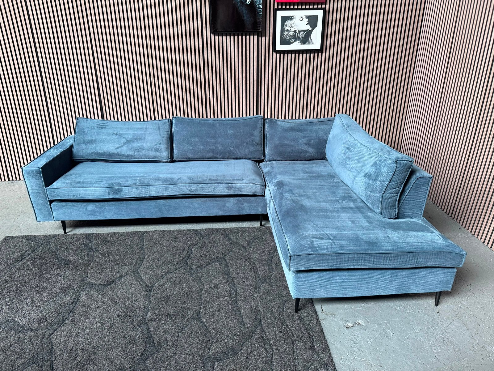 GRATIS LEVERING Hoekbank Ribstof Blauw 280x195 GEREINIGD, 250 tot 300 cm, Hoekbank, Ophalen of Verzenden, Zo goed als nieuw