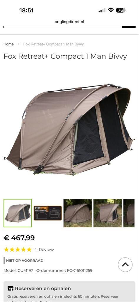 Fox Retreat+ Compact 1 Man Bivvy - Karpertent, Ophalen, Gebruikt, Overige typen