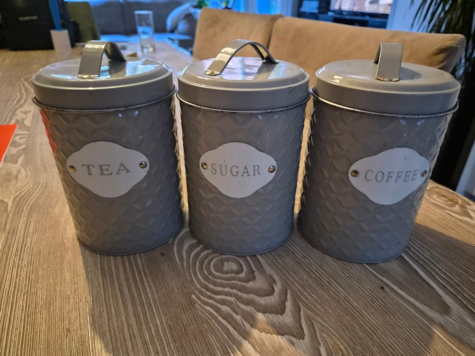 Set van 3 voorraadpotten: thee, suiker, koffie (grijs), Gebruikt, Ophalen of Verzenden, Voorraadpot, Metaal