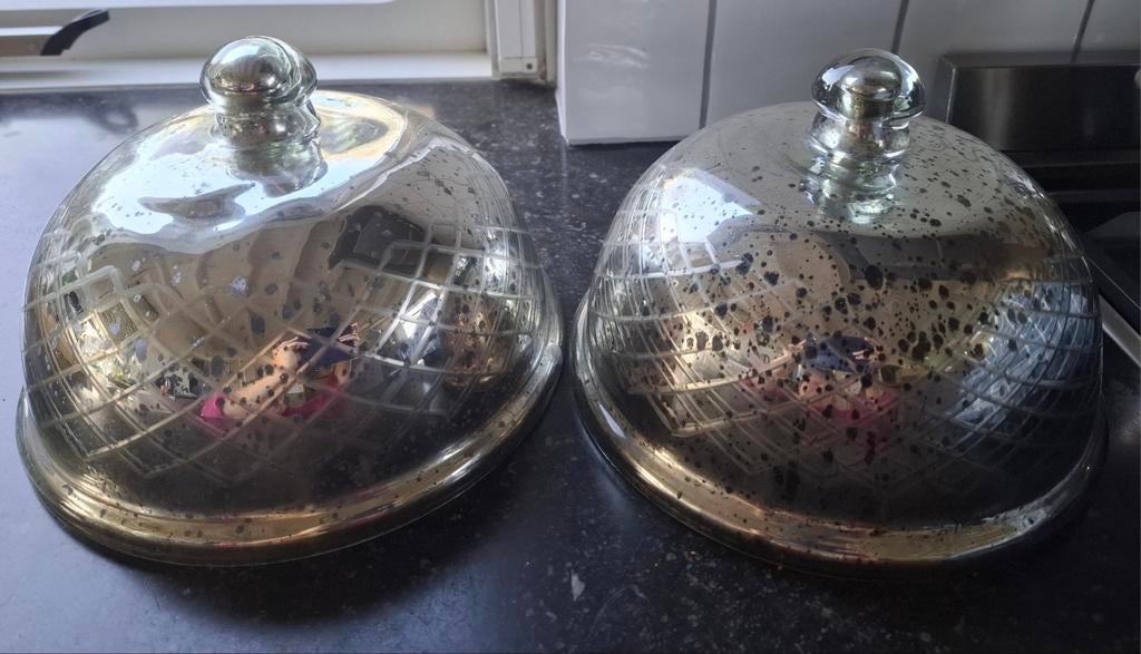 2 oude stolpen glas / zilverkleur, Ophalen, Gebruikt