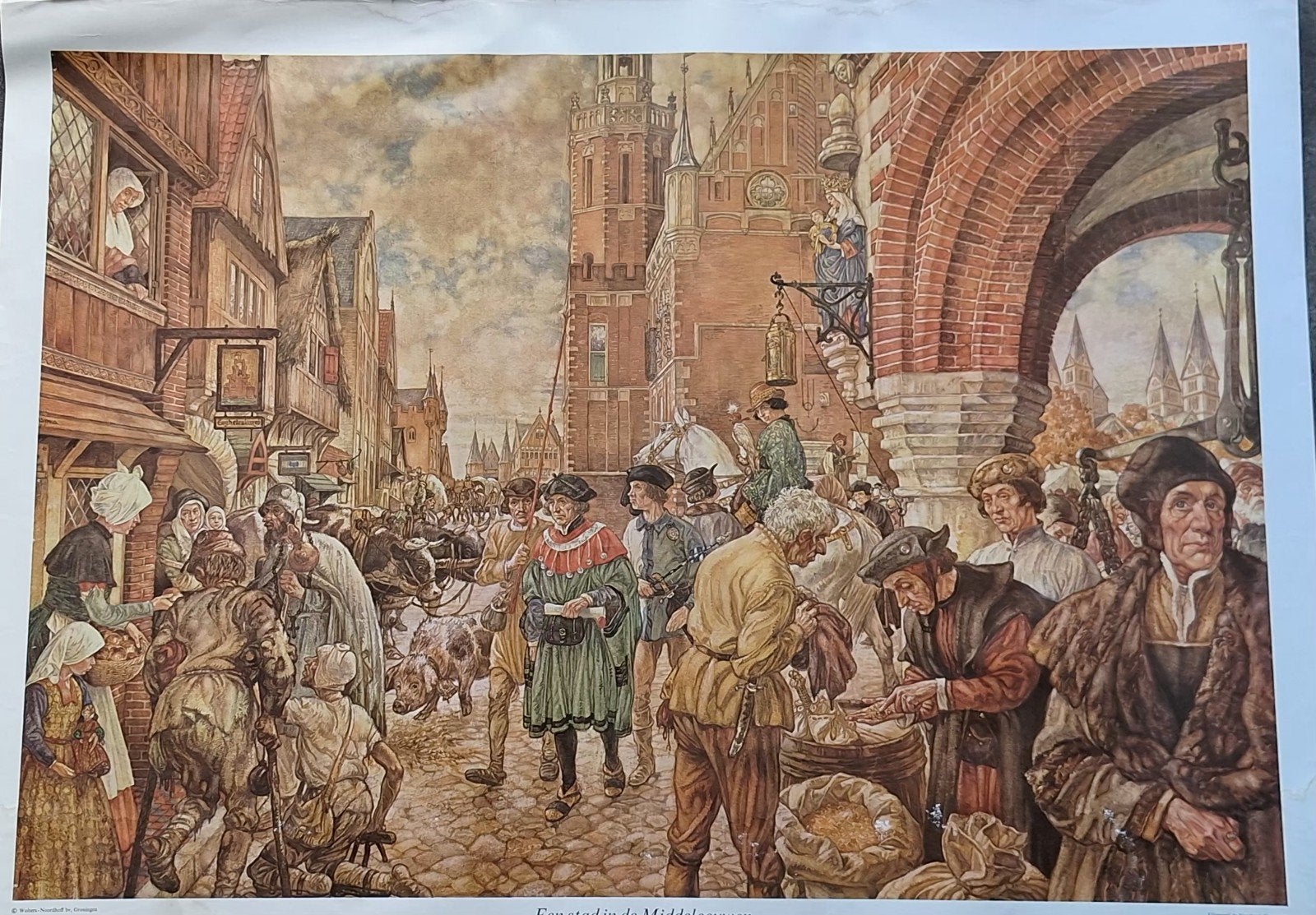 poster.Oude Schoolplaat: Stad in de Middeleeuwen (nr. 9), Antiek en Kunst, Ophalen of Verzenden, Geschiedenis
