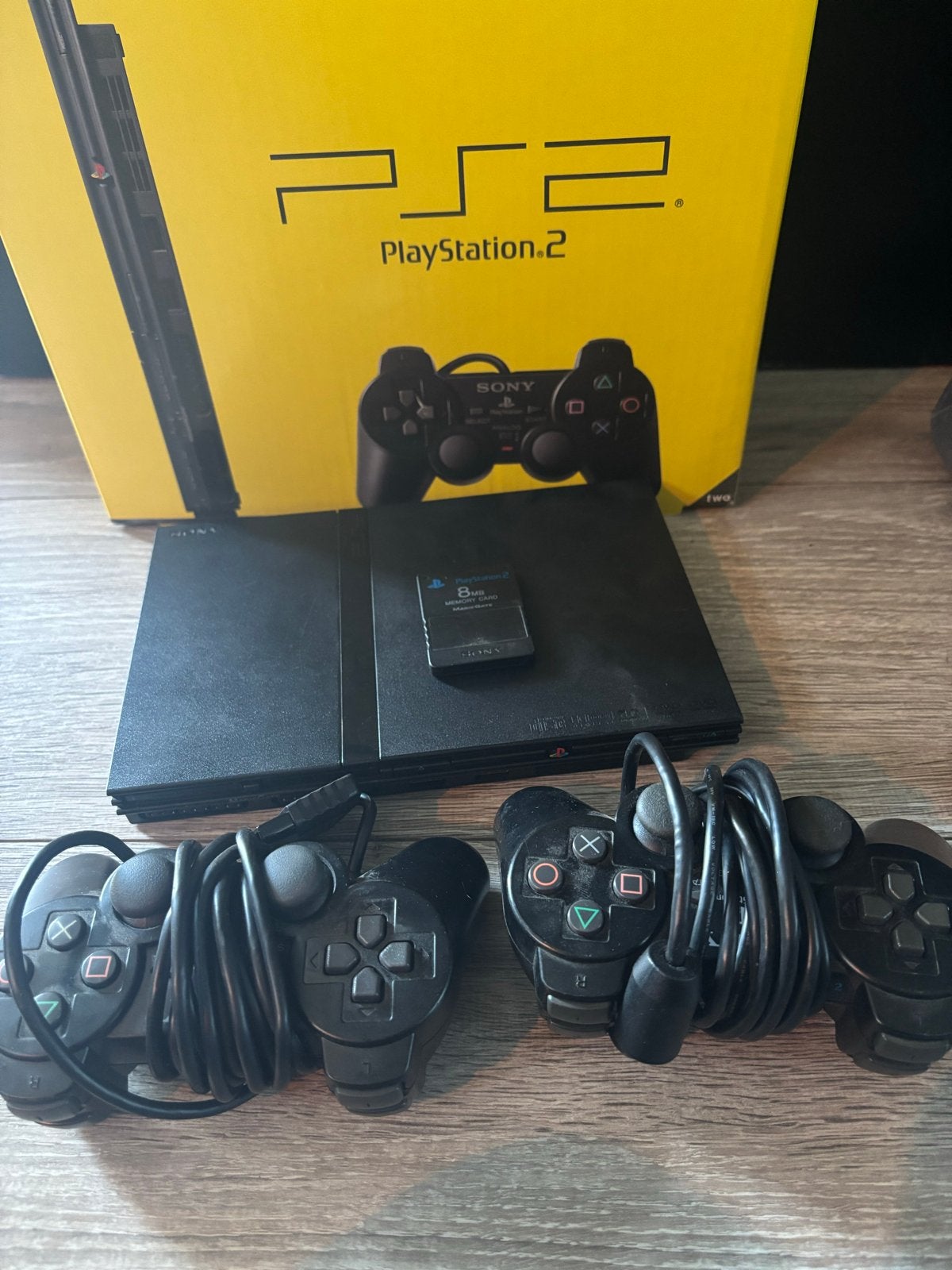 Sony PlayStation 2 (PS2) Slim met 2 controllers en memory ca, Gebruikt, Zwart, Met 2 controllers, Ophalen of Verzenden