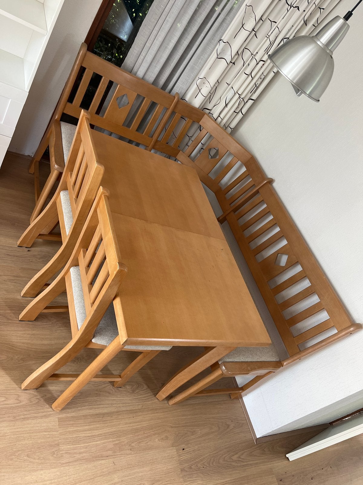 Houten eethoek met bank en stoelen, Ophalen, Gebruikt, 100 tot 150 cm, 150 tot 200 cm