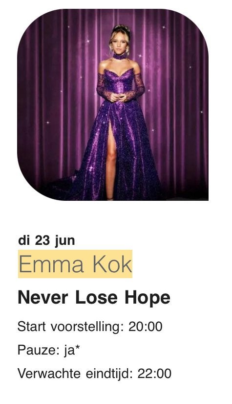 1x ticket voor Emma Kok 1e rang Gouda 22 juni 20.00, Tickets en Kaartjes, Eén persoon, Juni