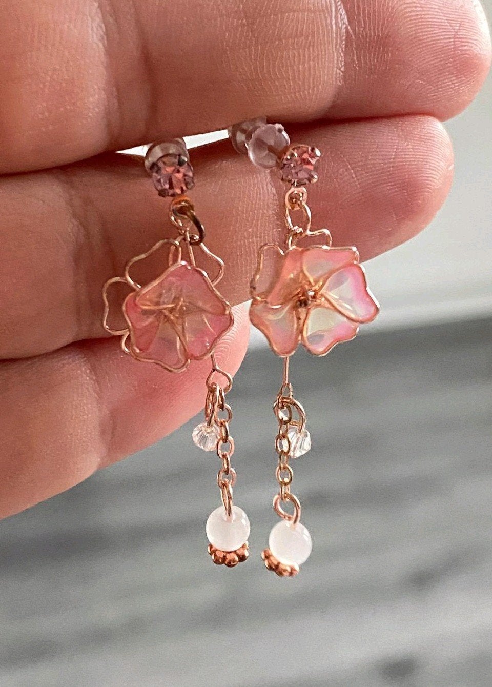 Elegante Roze Bloem Oorbellen met Kristallen, Overige materialen, Hangers, Nieuw, Ophalen of Verzenden