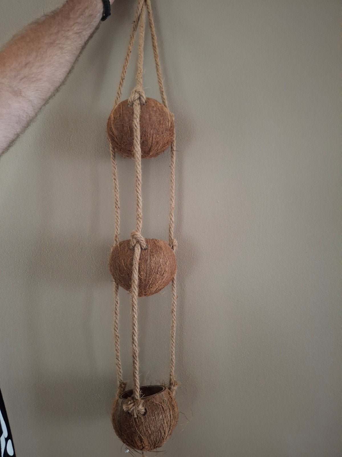 Vintage Kokosnoot Plantenhanger - 3 lagen, Vintage, Gebruikt, Ophalen of Verzenden, Natuurlijk materiaal