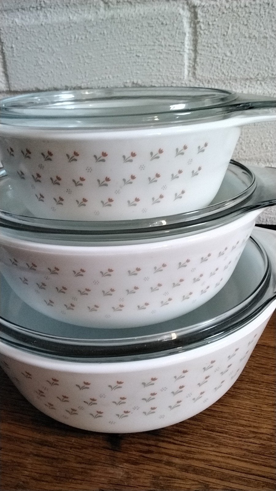 3 Pyrex England serveer/ovenschalen Laura Ashley Tulips1980, Ophalen of Verzenden, Wit, Overige typen
