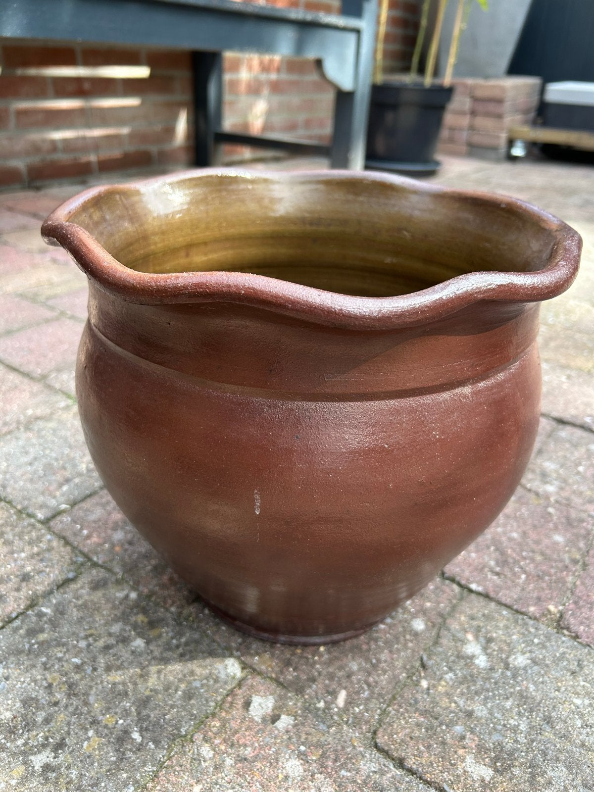 Vintage Keulse bloempot - Bruin aardewerk, Gebruikt, Rond, Binnen, Minder dan 40 cm