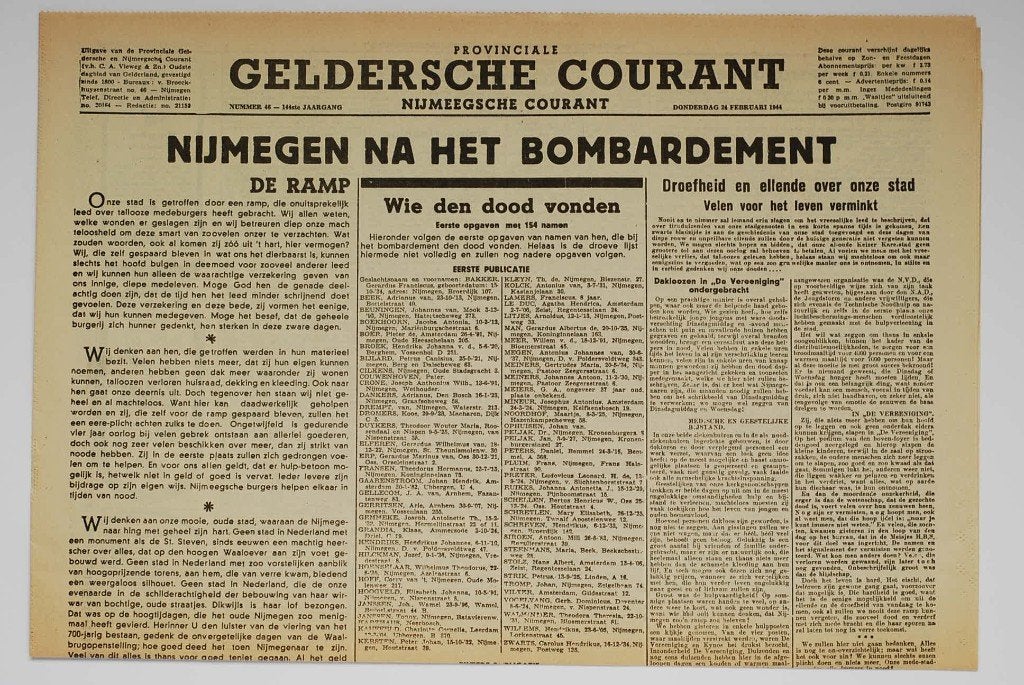 Herdruk: Geldersche Courant 24-02-1944 bombardement Nijmegen, Zo goed als nieuw, Verzenden, Amsterdam, Florence Uitgeverij