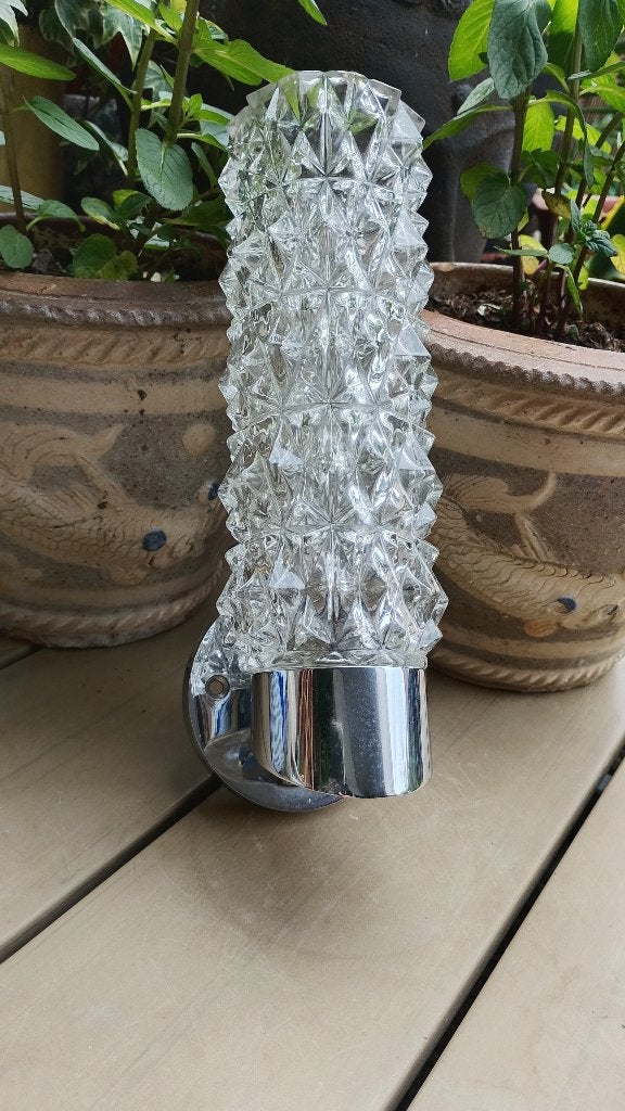 Vintage wandlamp van kristal glas en chromen houder, Antiek en Kunst, Ophalen of Verzenden