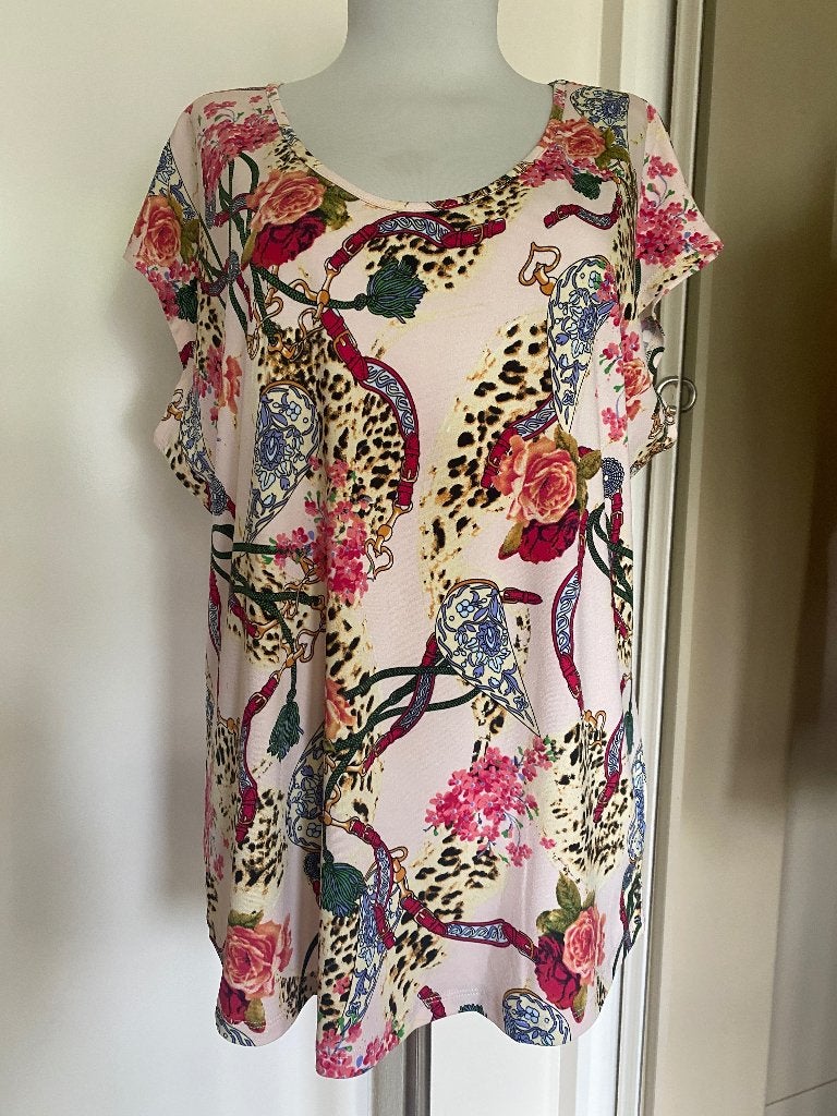 top 44 travelstof beige/roze multi, Kleding | Dames, Maat 42/44 (L), Ophalen of Verzenden, Zo goed als nieuw, Korte mouw