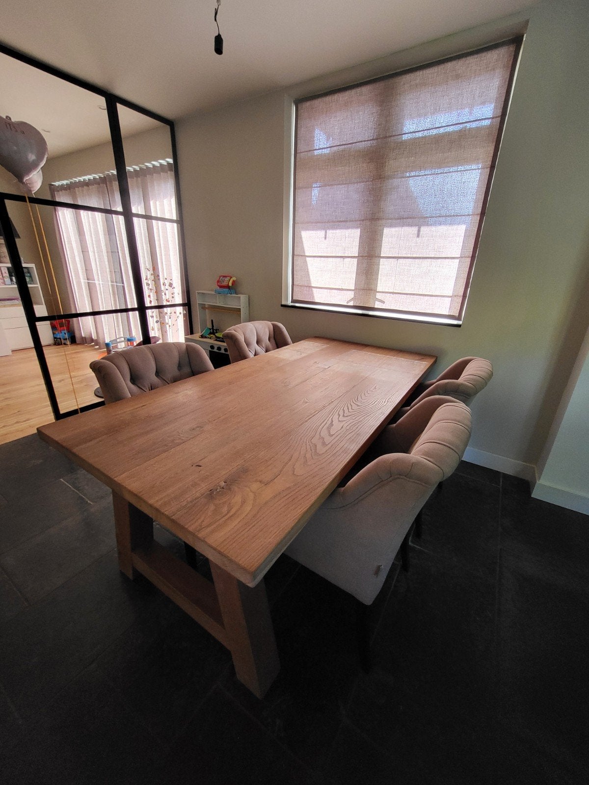 Massief eiken eettafel met 4 Bocx Interieurs stoelen, Ophalen, Gebruikt, 200 cm of meer, 50 tot 100 cm