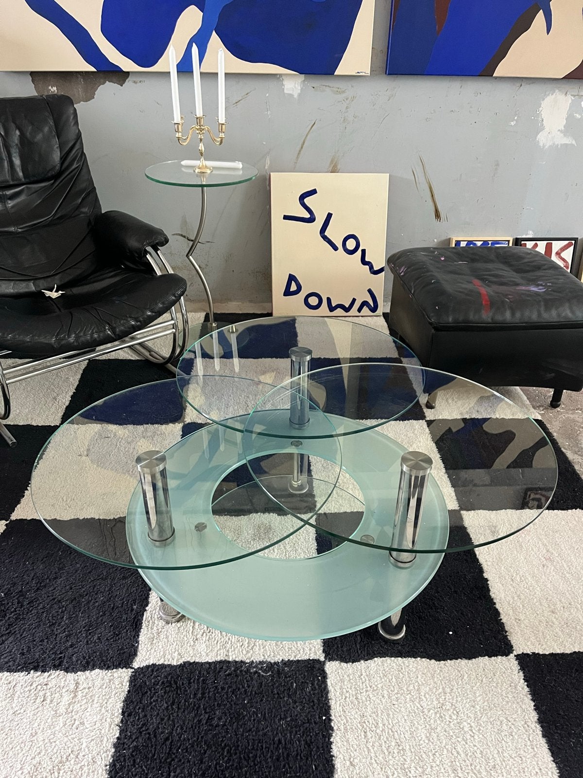 Glazen Salontafel met Draaibare Bladen, Gebruikt, 100 tot 150 cm, Rond, Glas