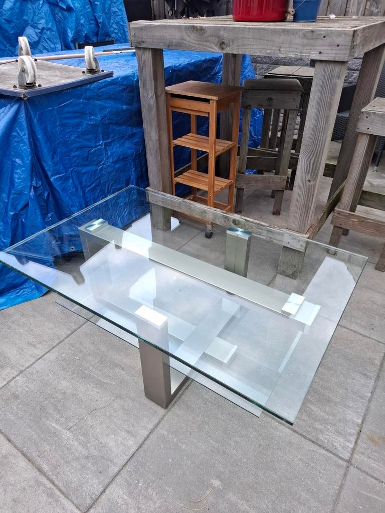 Glazen salontafel met zilveren poot, Huis en Inrichting, Tafels | Salontafels, Ophalen