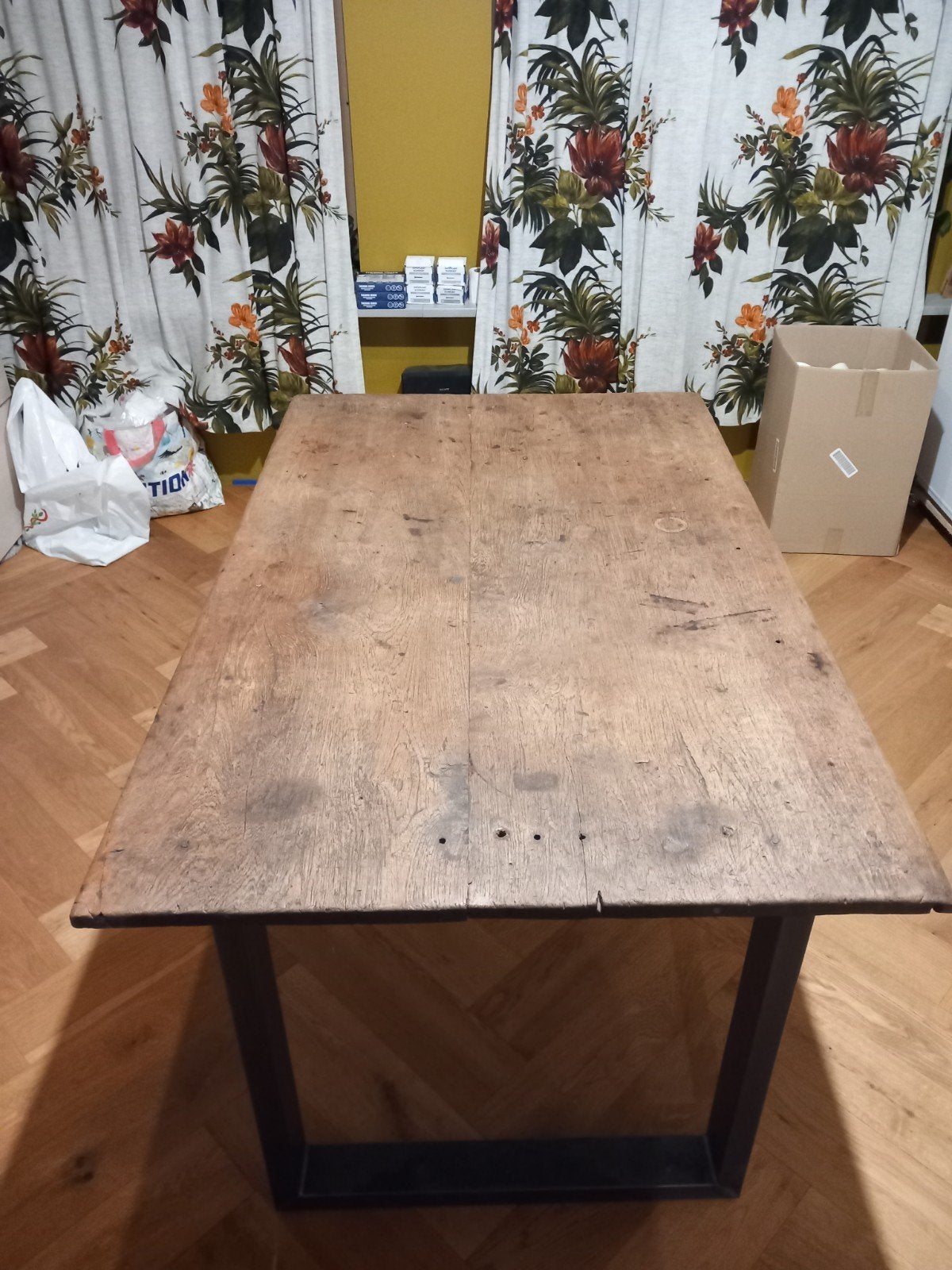 vintage industriële eettafel 150x90 cm, Ophalen, Gebruikt, 100 tot 150 cm, Vintage industrieel robuust antiek