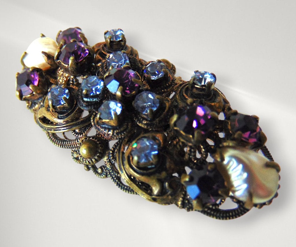 Vintage W. Germany filigraan broche strass faux parel!, Overige materialen, 4 tot 7 cm, Overige kleuren, Verzenden