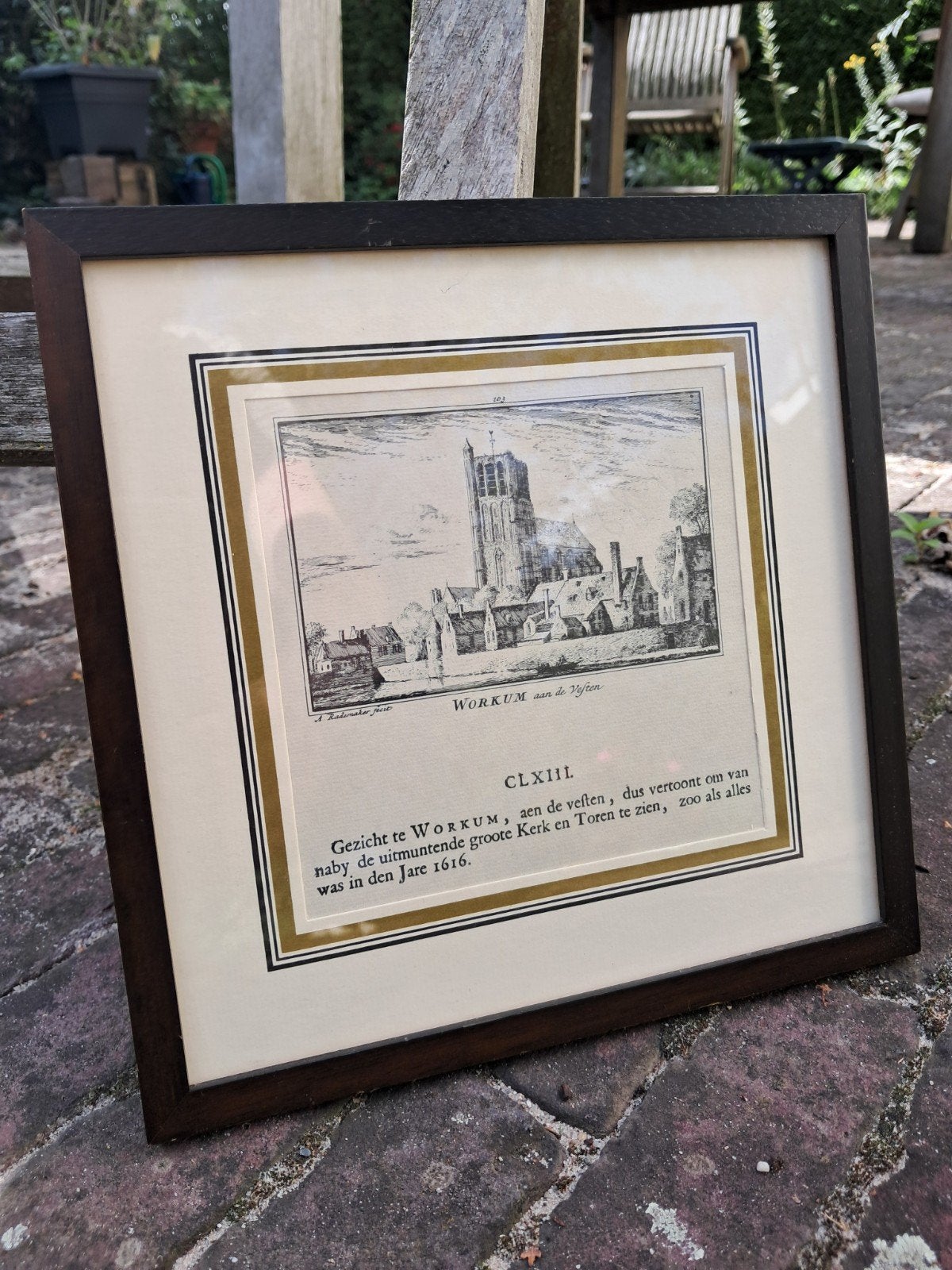Ets St. Martinuskerk in Woudrichem naar voorbeeld uit 1616, Ingelijst, Stadsgezicht, Ophalen of Verzenden, 20 cm
