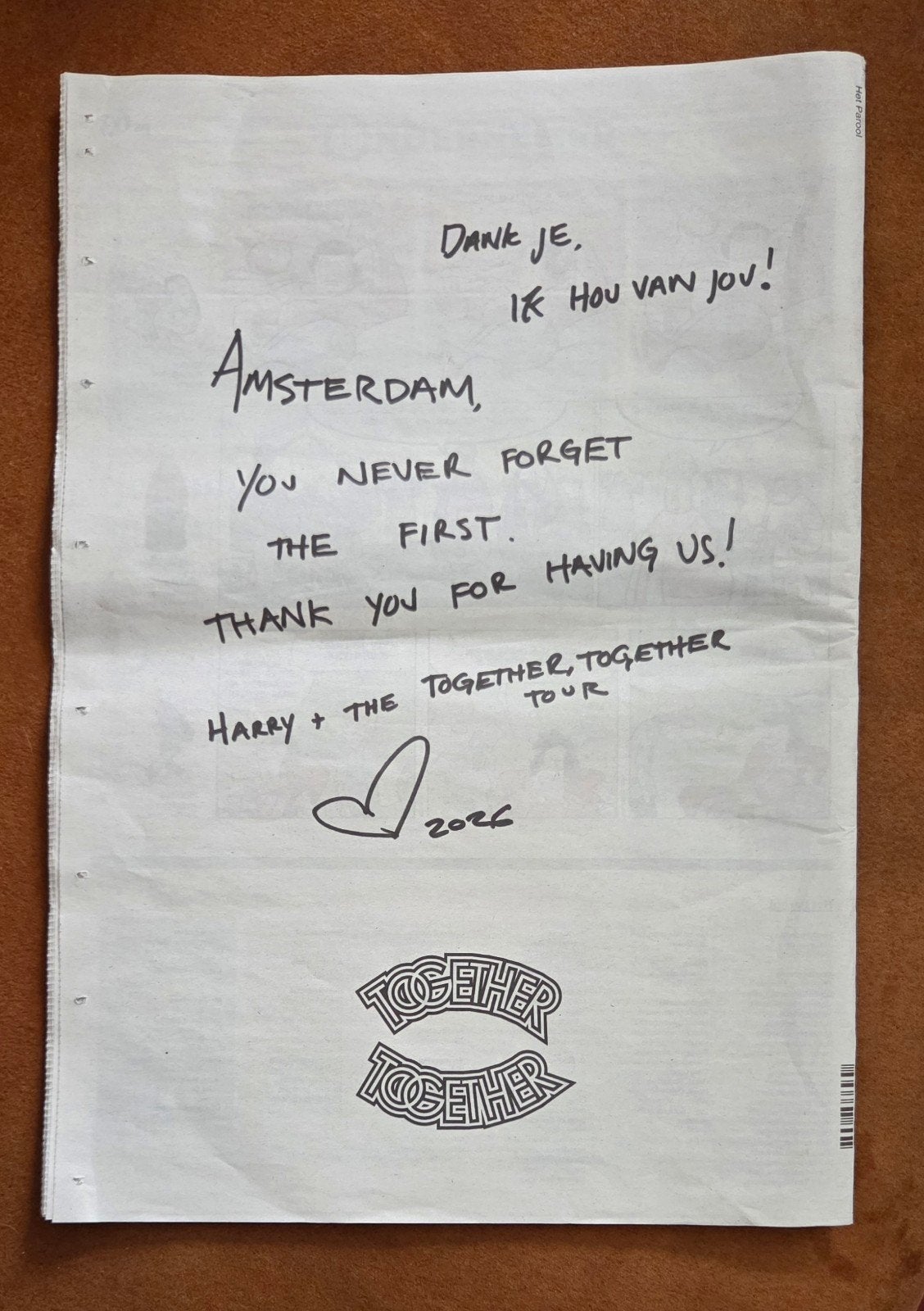 Harry Styles - Het Parool - bedankje, Ophalen of Verzenden, Nieuw, Krant