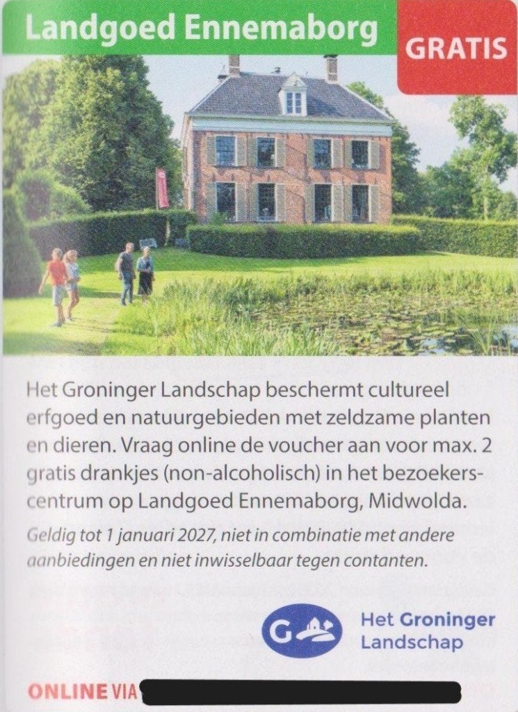 Landgoed Ennemaborg. Midwolda. Gratis drankje. Postcode bon., Tickets en Kaartjes, Musea, Twee personen, Kortingskaart