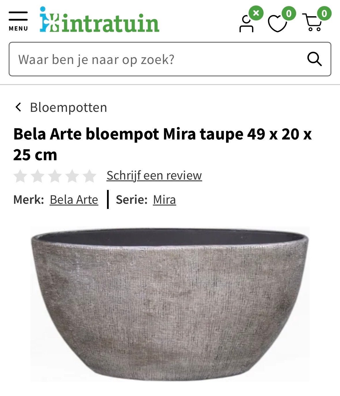 Bela Arte bloempot Mira taupe 49 x 20 x 25 cm, Ophalen, Overige materialen, Gebruikt, 40 cm of meer